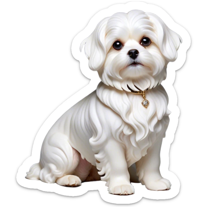 Cinematic Noble Wavy-Haired Maltese dog Portrait Emoji, Poised and regal, with a delicate, compact build and a pristine, wavy-haired white coat that cascades in gentle curls, deep-set soulful dark eyes, Simplified yet sharp and sophisticated features, highly detailed, glowing with a soft, dignified glow, high shine, intelligent and gentle, stylized with an air of refinement, focused and attentive, soft glowing outline, capturing the essence of a watchful and graceful companion, so majestic it feels as though it could prance out of the screen with effortless authority! sticker