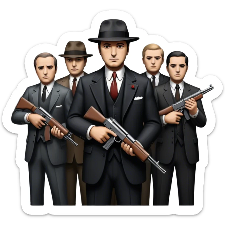 Vintage noir poster with Don Corleone surrounded by gangsters holding Thompson submachine guns. Dark and moody atmosphere with shadows, suits, and a mysterious vibe. Background features New York skyscrapers, adding to the gritty, classic gangster film feel. Transparent background. sticker