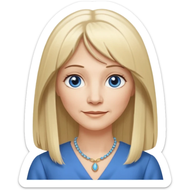 50 yr old white woman, hippie parted very long hair, short bangs, very long straight blond hair, oval face, small smile, blue eyes, thin face, hair downback, hair parted at center of head, round cheeks, pale, longer hair, business dress sticker