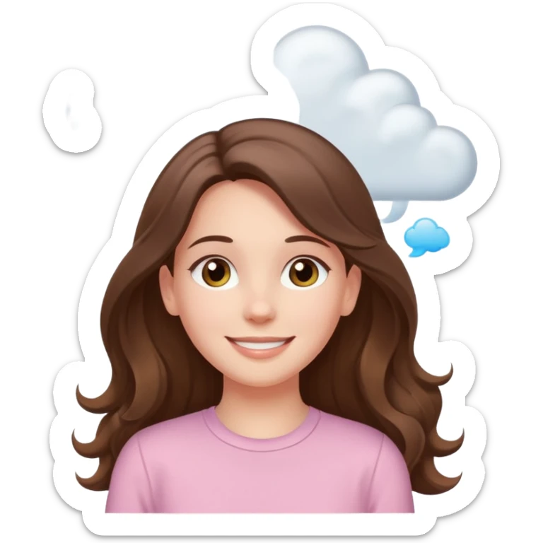 happy white long brunette hair girl with hazel eyes in light pink with white cloud thought bubble sticker