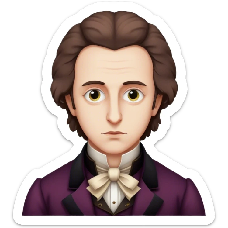 Cinematic Realistic Chopin Portrait Emoji, depicted as an introspective composer with expressive eyes and period attire, rendered with rich textured detail and soft classical lighting that captures his emotive musical genius. sticker