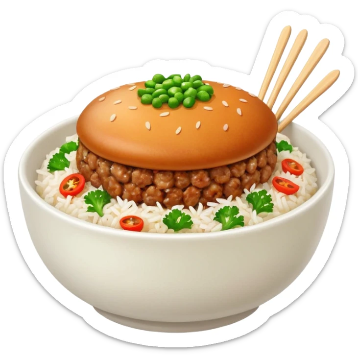 I want a minced pork patty on a bowl of rice sticker