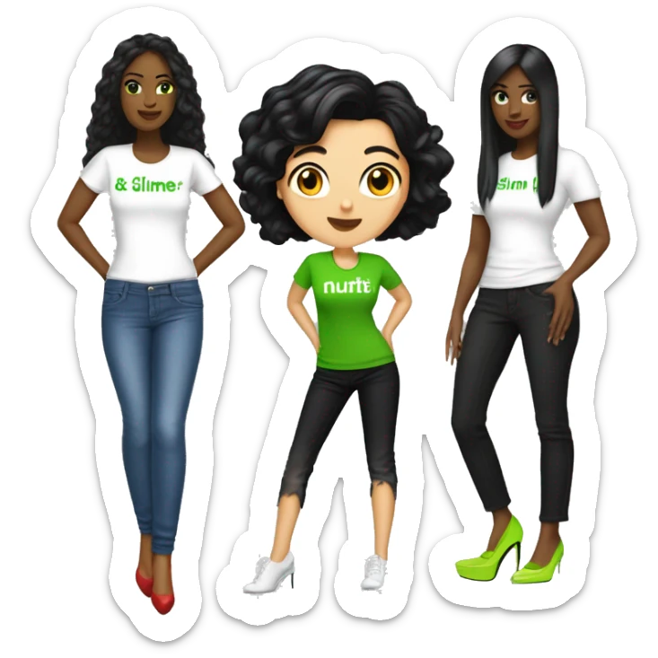 white woman with black hair wearing a t-shirt with the name.D'NUTRI wearing slime green jeans wearing high heels sticker