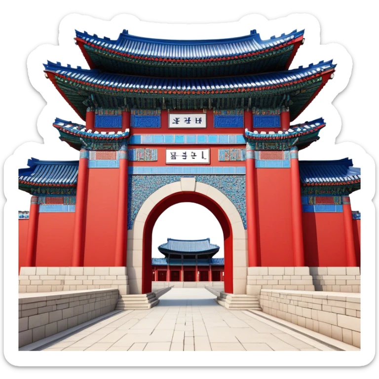 ​Cinematic Realistic Gwanghwamun Gate, depicted as a majestic historic gateway with traditional Korean architectural details, vibrant red and blue accents, and intricate carvings, set against a backdrop of modern Seoul under dynamic, natural lighting that highlights its timeless grandeur, sticker