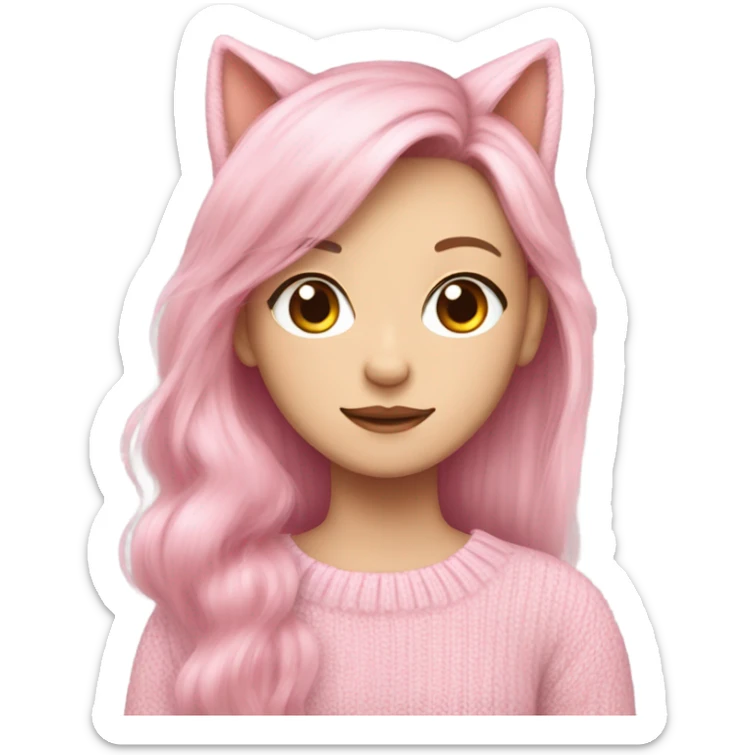 Giselle aespa, pink soft hair, pale skin, sweater pink soft with cat ears sticker