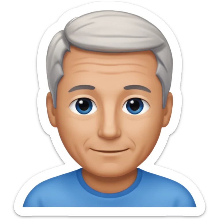 Middle aged man with tanned skin, receding black to grey hair and no beard, blue eyes, shy smile sticker