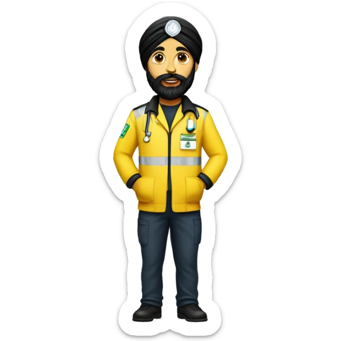 Skinny sikh man with beard wearing a black turban and a yellow paramedic jacket sticker