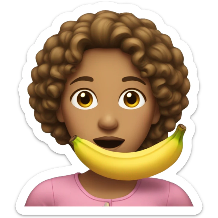 Curly brown hair woman with banana in mouth sticker