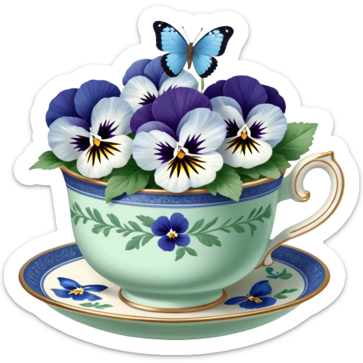 A cluster of blue and white pansies in an antique green porcelain cup, with a blue butterfly gently landing on a petal sticker