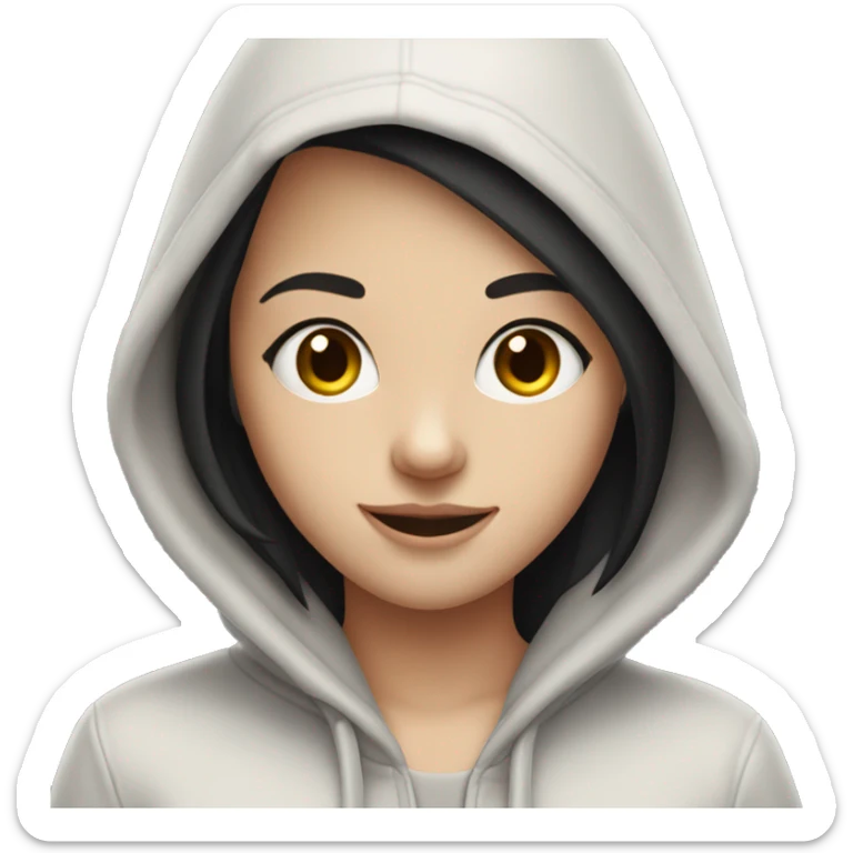Pale skin black hair girl wearing a hoodie with a smile on face full lips sticker