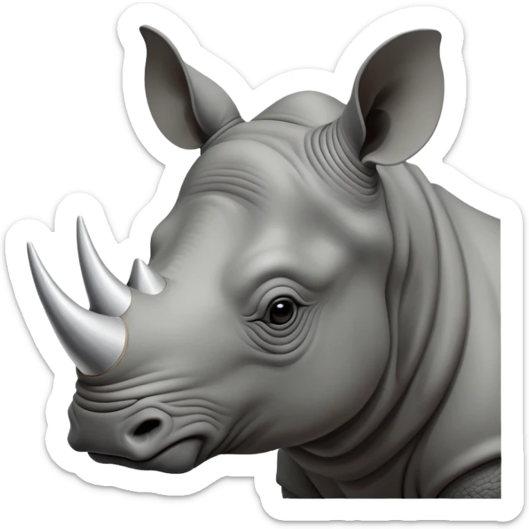 cinematic-noble--rhinoceros-portrait-emoji,slate-grey-hide--poised-and-regal,-with-a-massive,-powerful-build-and-a-thick, -deep-set-soulful-piercing-eyes,-simplified-yet-sharp-and-sophisticated-features,-highly-detailed,-large-black-eyes, zoomed out showing shoulders, large white horn  sticker