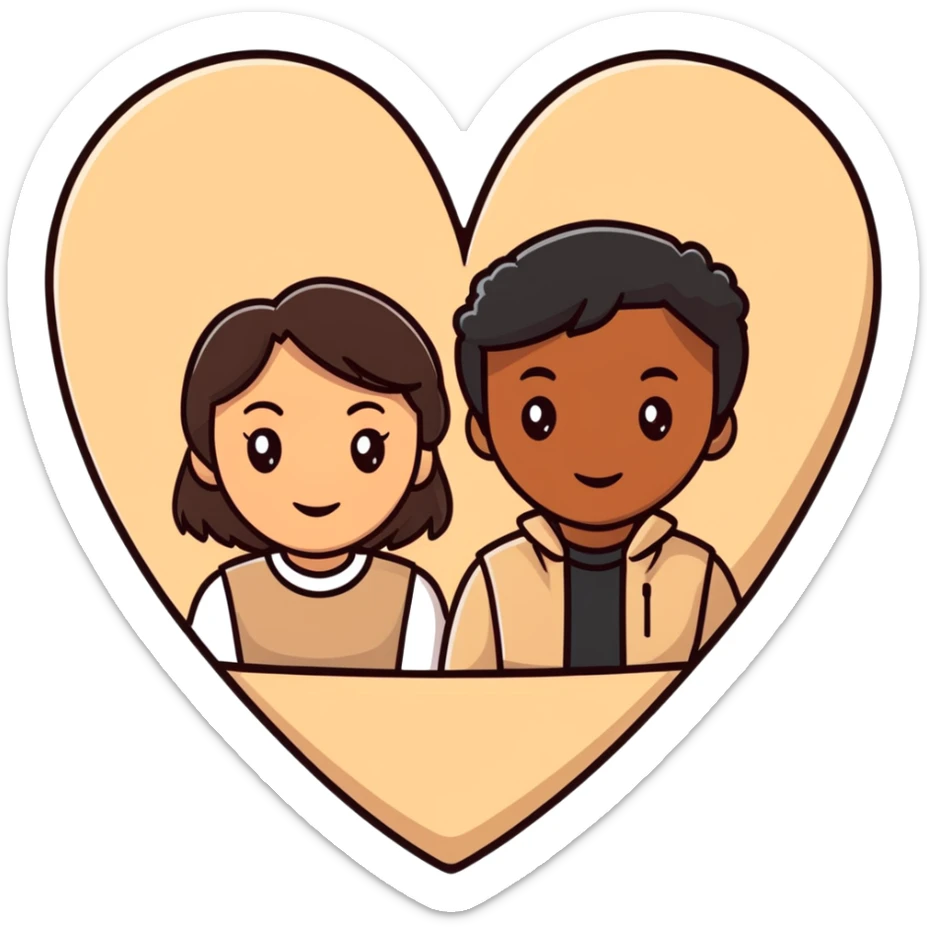 A couple with dark brown hair and mixed skin tone inside a white heart, both wearing beige clothes sticker