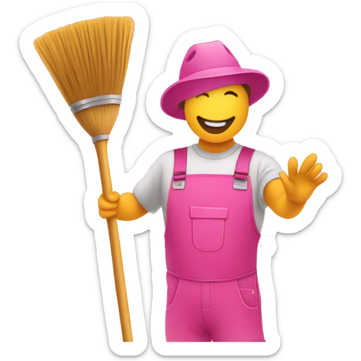 An illustration of an emoji holding a broom, bucket and taking a selfie, in pink and gold colors. sticker
