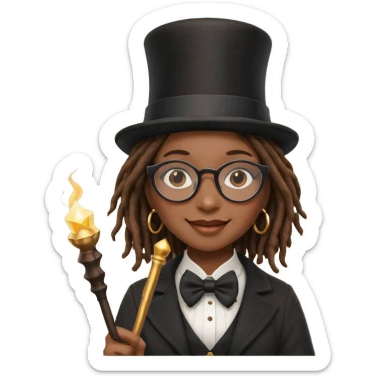 Black female with dread lock hair and large glasses in a top hat with a magic wand sticker
