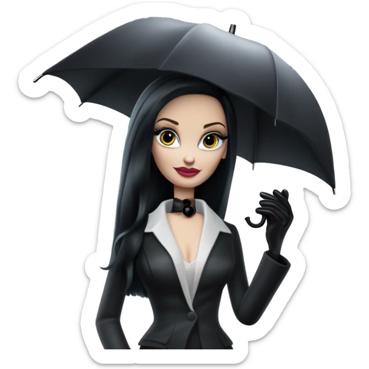 Parisienne Pretty Barbie Morticia Addams at a rainy funeral holding umbrella, accessories ,gloves, small purse  sticker