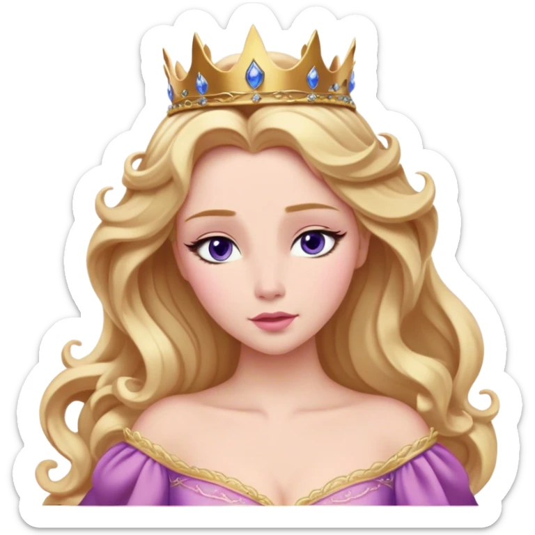 Cinematic Realistic Sleeping Beauty (Aurora) Portrait, with porcelain-like skin featuring a natural rosy flush, illuminated by soft lighting that highlights the gentle contours of her face. Her golden blonde hair flows in soft, detailed waves with subtle highlights that shimmer in the light. Her deep violet-blue eyes radiate warmth and innocence, framed by arched brows and long lashes. Her serene expression exudes quiet elegance. She is dressed in her classic pink gown, the fabric rich in texture with delicate folds that catch the light. A golden crown rests atop her head, gleaming with royal refinement. The portrait captures a soft, glowing aura, blending realism with an ethereal sense of beauty and timeless enchantment. sticker