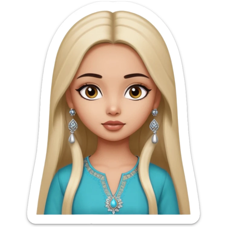 generate a pretty bratz girl wearing a kurti, eyeliner on, long straight hair, silver jhumkas in ear sticker