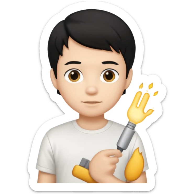 generate a pretty bratz emoji of a boy with black hair wearing a white tshirt and holding a cTCAT sticker