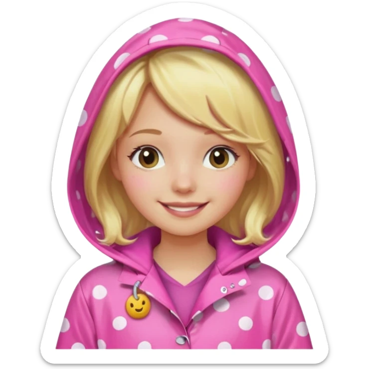 Blonde girl in a pink polka dot raincoat with hoodie sticker