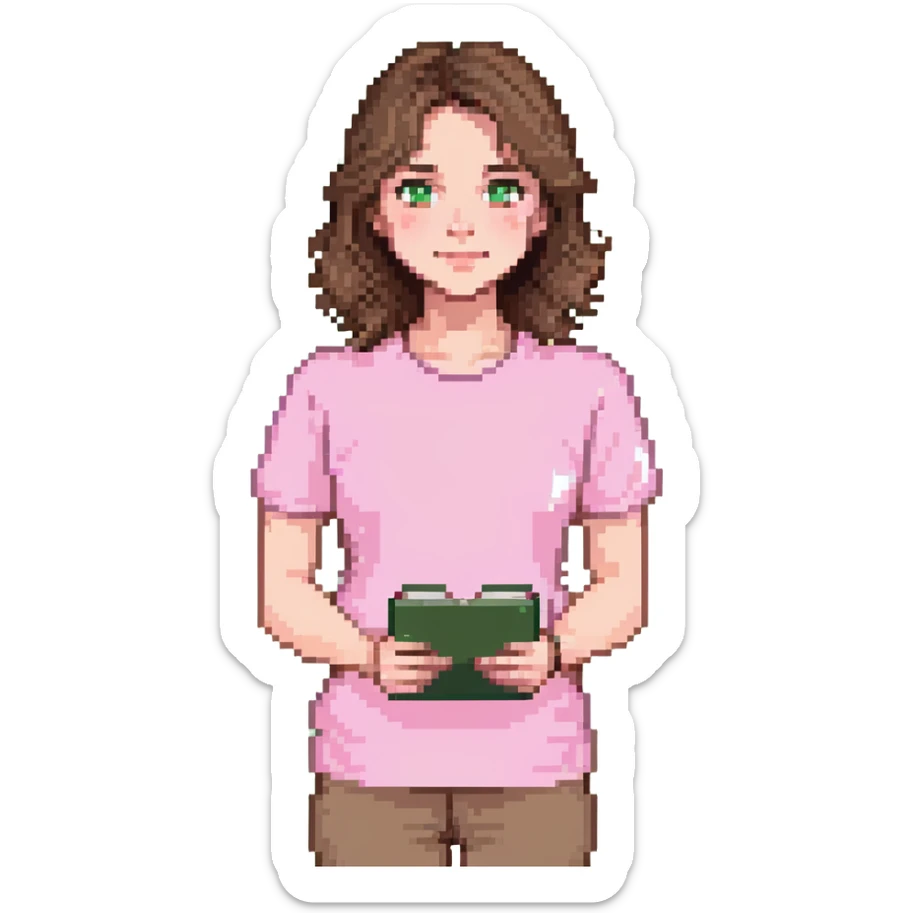 teacher with brown hair, white skin, wearing a pink t-shirt sticker