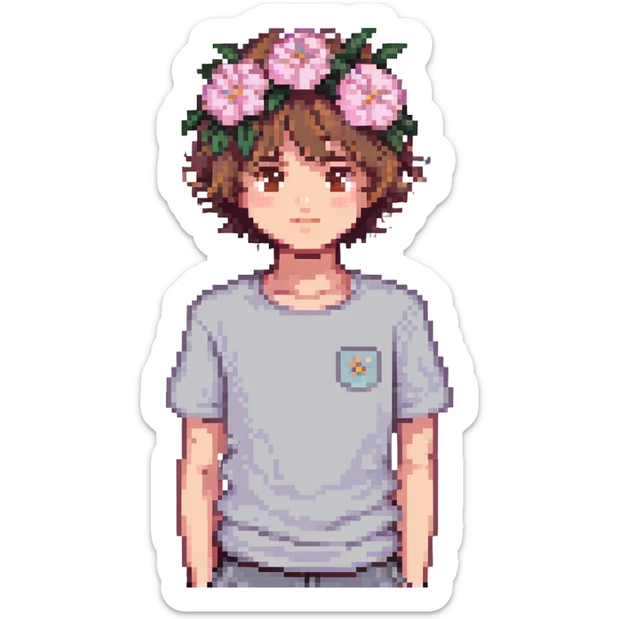 a boy with fluffy, wavy short hair and brown eyes, wearing a light grey t-shirt and a light pink flower on his head, pixel art style sticker