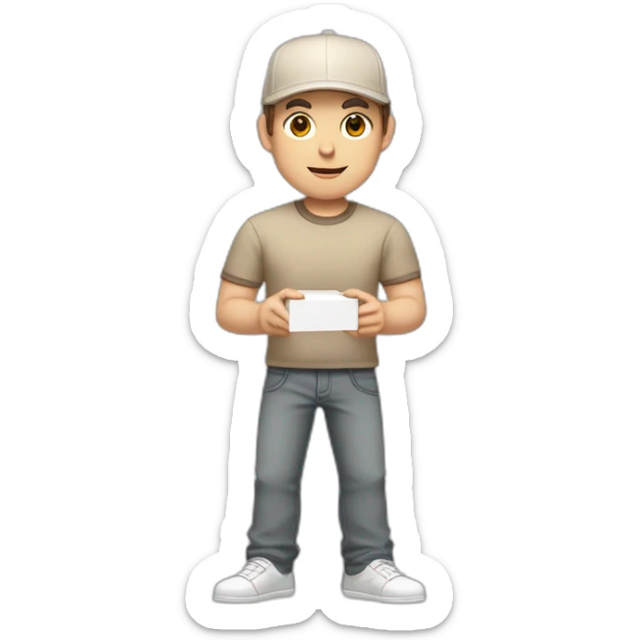 Pale skinned fit Man with dark brown hair in a beige cap, gray jeans, brown polo and white T-shirt keeping a pasted with tape white box into his hands sticker