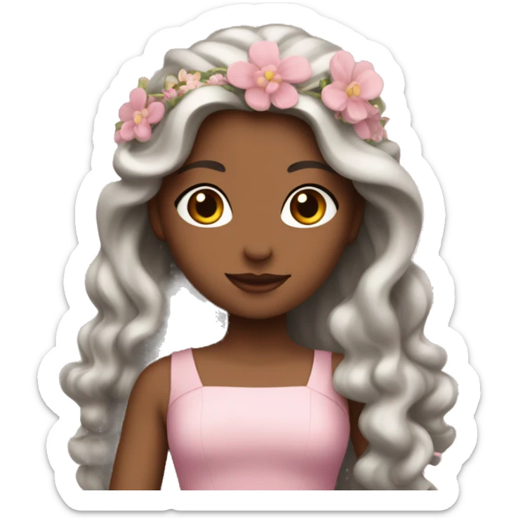 White princess with slightly wavy brown hair, a long flowy pink dress and flowers in her hair sticker