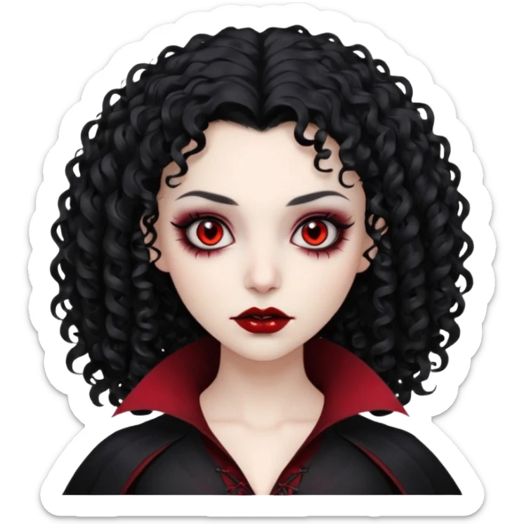 cabelos cacheados pretos, corte em camadas, pele pálida, olhos vermelhos escuros, vampiro, sexo feminino sticker
