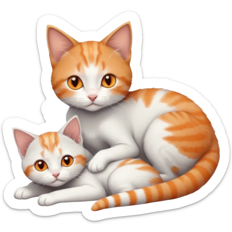 full body of very small + skinny ginger and white kitten with deep orange eyes and triangular shaped face lying down cuddling a grey and white kitten who is a bit bigger than him sticker
