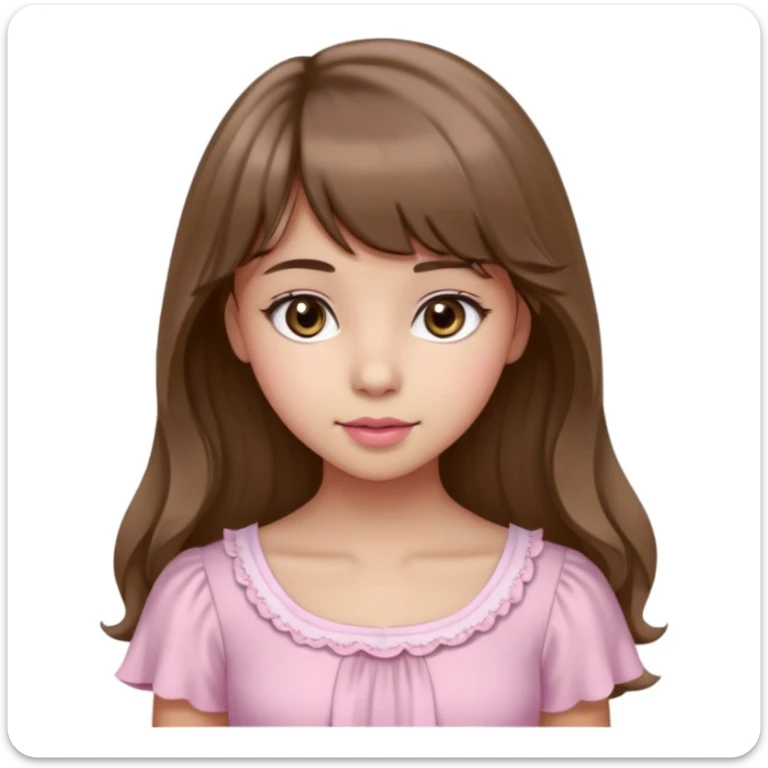 A teenage cute girl with very light olive skin and soft pinkish cheeks. Large bambie dark hazel eyes. Long wavy light brown hair with soft bangs. Features are very feminine and beautiful. medium straight nose with a soft tip. Medium natural pink lips. Wearing a simple dress in pink and white.  sticker