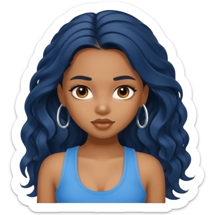 a pretty bratz brown girl with long wavy black color hair and a blue tank top on sticker