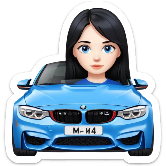 Make a cute Russian girl with black hair and blue eyes with a BMW m4 sticker