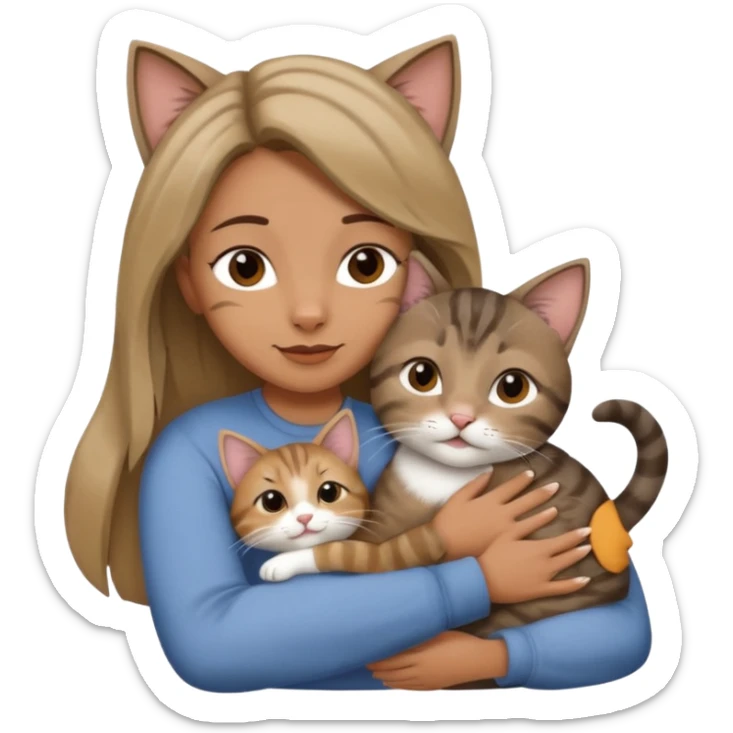Une femme avec les cheveux dégradée, brun et blond, qui fait un câlin à son chat gris, tigré avec les extrémités que pattes pointe d’oreilles noires et le dessous du menton blanc  sticker