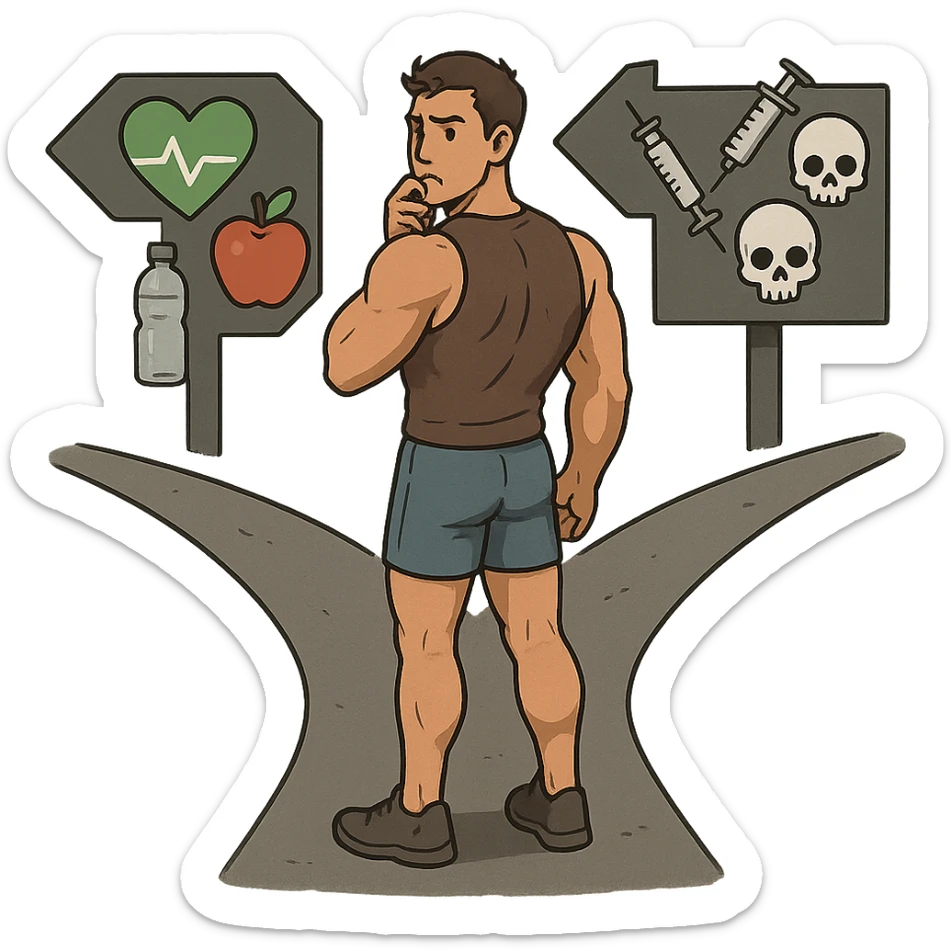 muscular young man standing at a crossroads with one road showing health symbols and the other showing risk symbols like syringes and skulls, indecisive expression, isolated on white background sticker