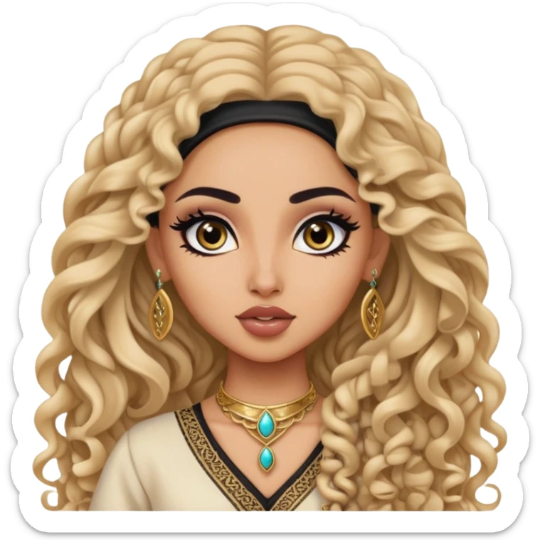 arabian nose, pretty lips, arab clothes, light skin,  long curly hair, pretty bratz baddie, black eyeliner sticker