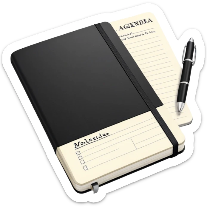 An open black Moleskine notebook with meeting agenda written at the top and clearly visible bullet points below sticker