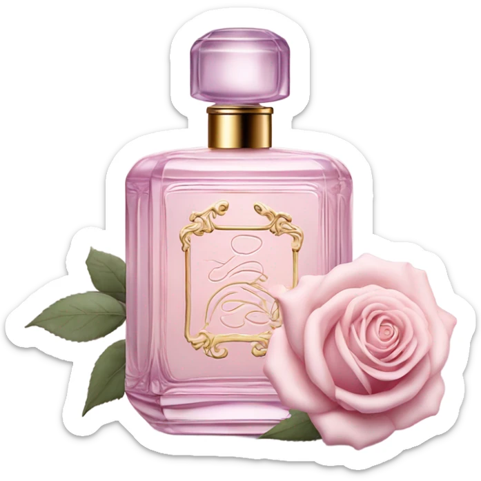 Aesthetic composition of soft pink roses with a vintage-style purple perfume bottle.
 sticker