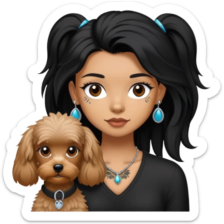 girl with long black  straight hair and tattoos and a  white Yorkshire and a brown poodle sticker