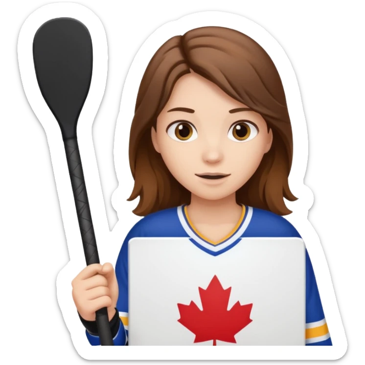 Girl hockey fan with brown long hair holding a large blank sign sticker
