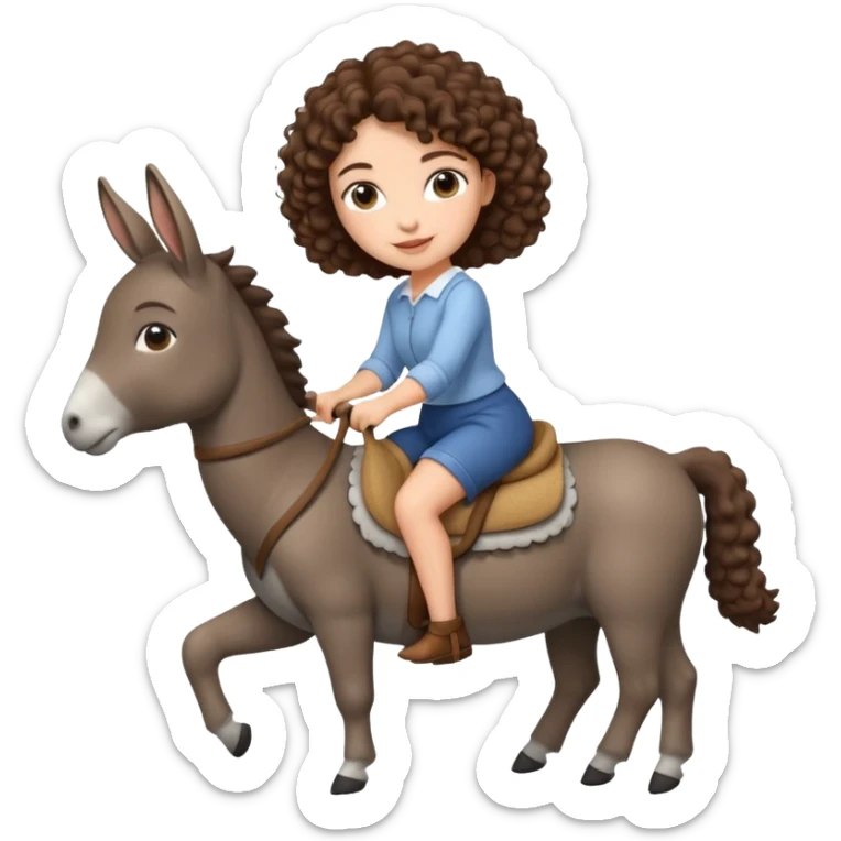 cute woman short tight curly brown hair riding an gentle donkey sticker