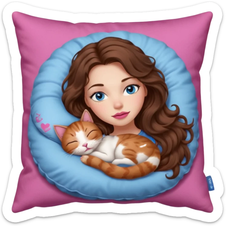 girl with long wavy brown hair, blue eyes, long lashes makeup, sexy pink lips, sleeping on a cozy pillow with 6 cats sticker