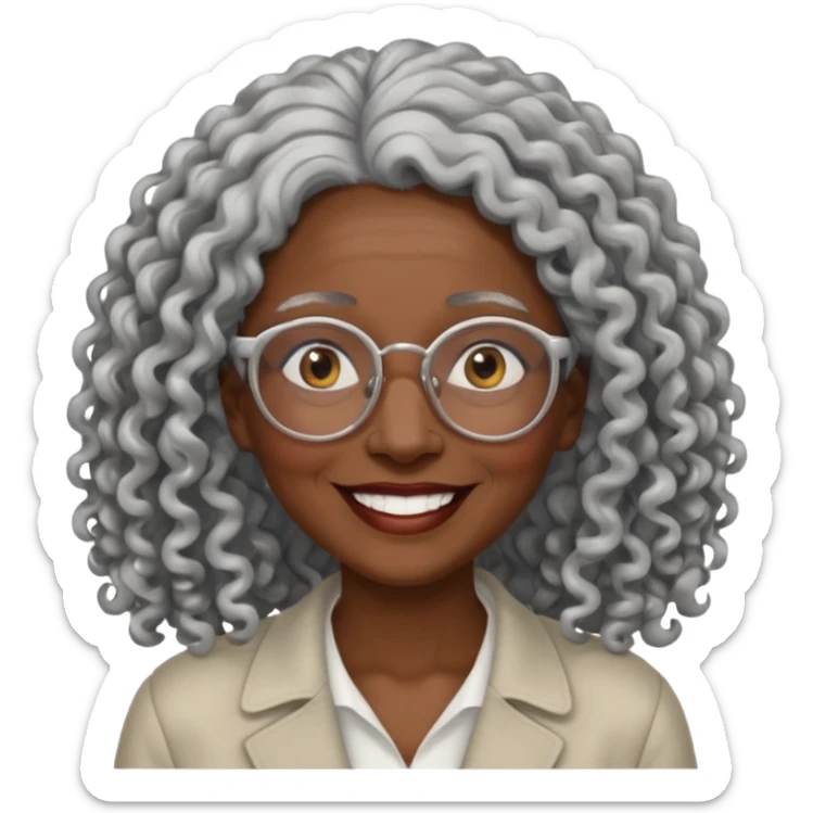 smiling dark older black woman wearing glasses with lots of long curly silver hair a sticker