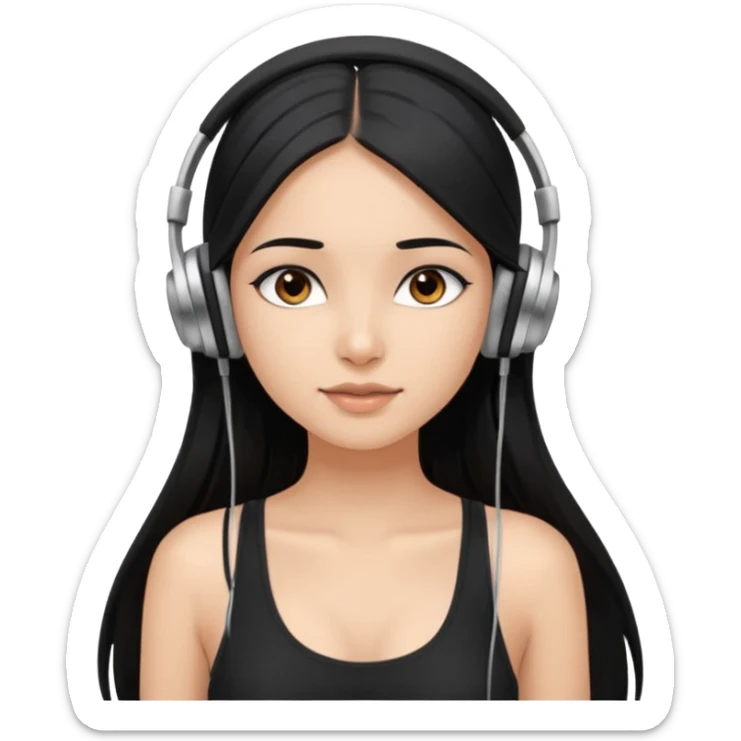 a fair indian girl with straight black long hair, wearing a black cami top. and wearing silver  headphones on sticker