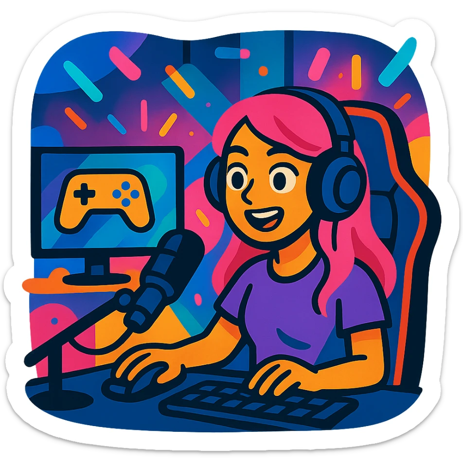 girl with pink hair, gaming chair, microphone, and colorful lights, streaming video games, vibrant and expressive sticker