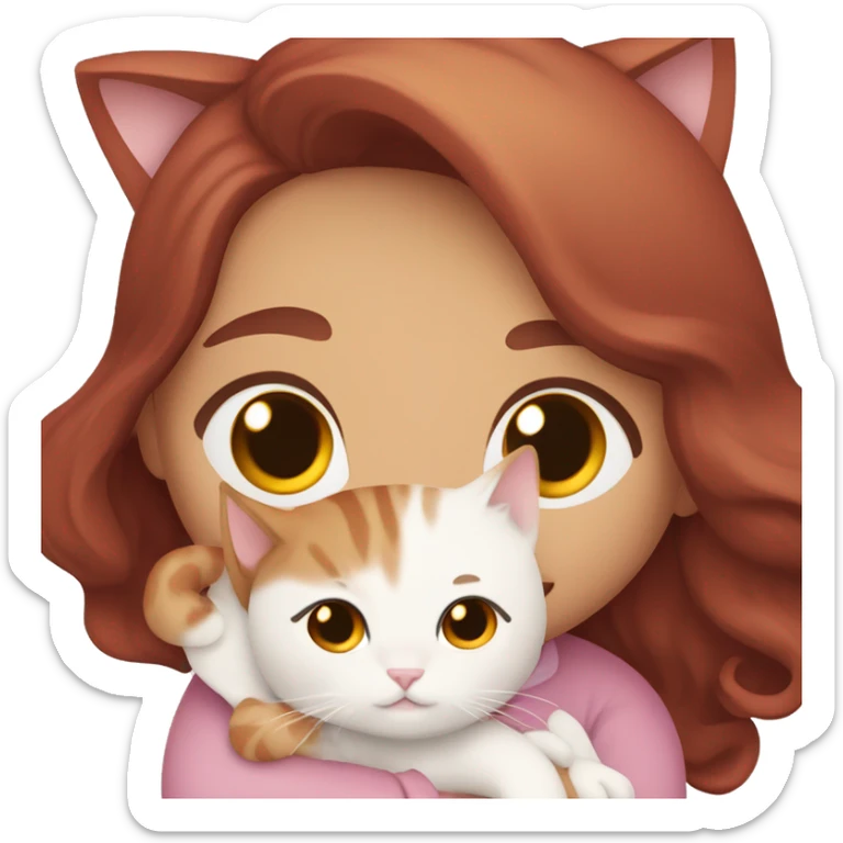 girl with long very dark red purpley wavy hair and dark brown eyes and light pink outfit hugging a white & ginger cat  sticker