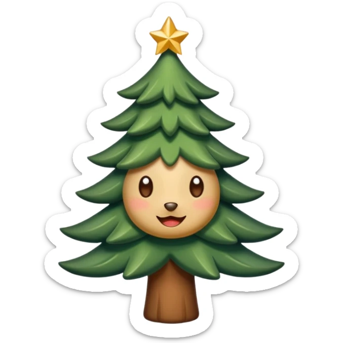 Un emoji représentant un petit sapin stylisé, sans bouche, avec deux grands yeux de biche brillants couleur cannelle. Style minimaliste, mignon et expressif, comme un sticker ou un emoji moderne. Fond parfaitement transparent, haute qualité, bien centré. sticker