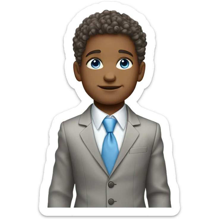 Little young  gentleman wearing a grey suit with light shirt and baby blue tie with blue eyes , white  skin and brown curly hair and full body . Wearing a watch  sticker