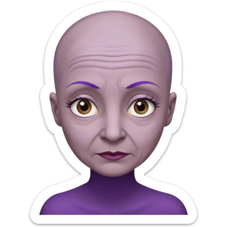 make her skin purple, she has no hair and her eyelashes are huge and she's old sticker