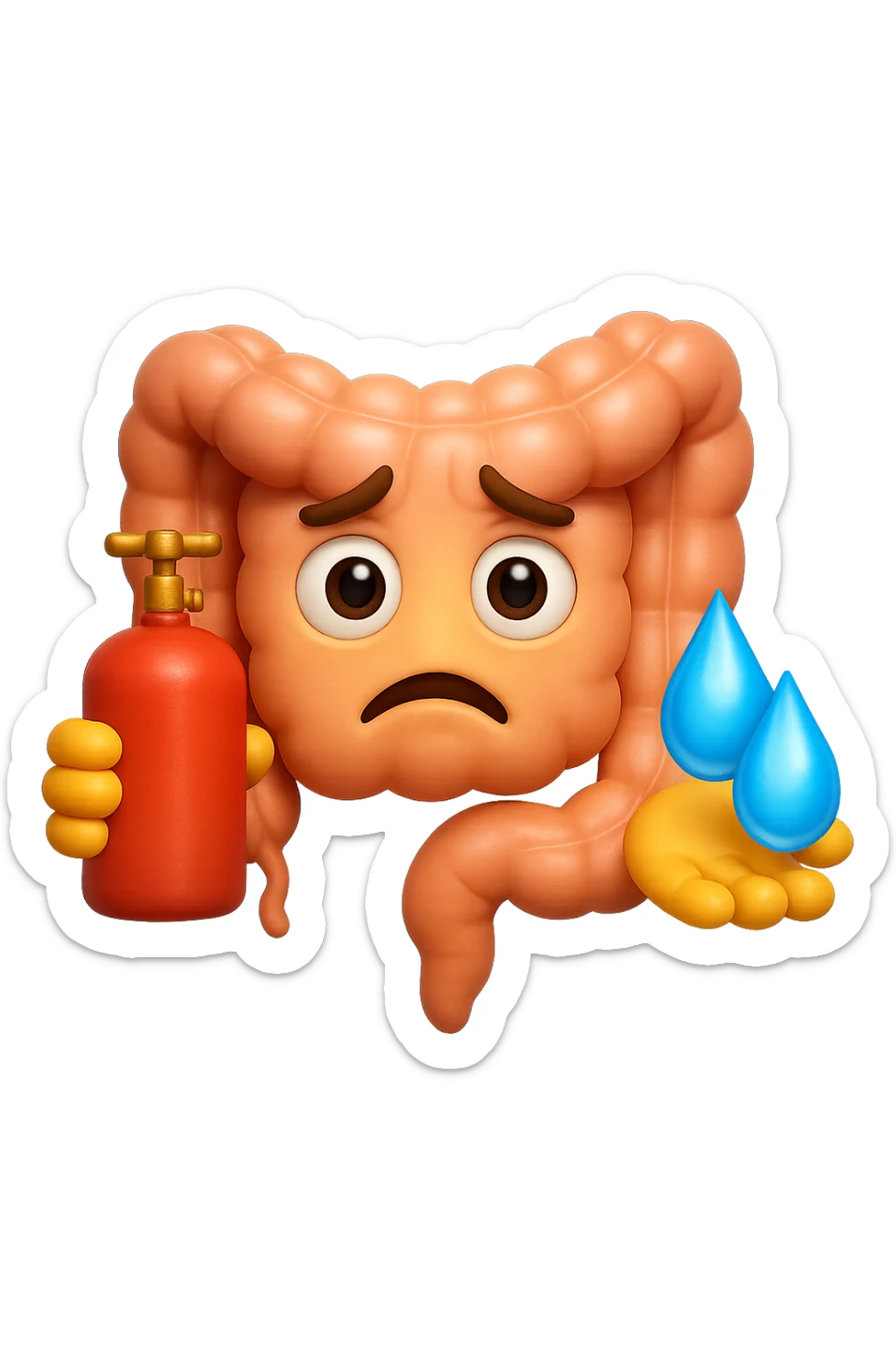 EMOJI STILE IPHONE DI un'intestino preoccupato che ha una bombola di gas in mano e due gocce di acqua in 3d nell'altra mano, IPERREALISTICO 4K sticker