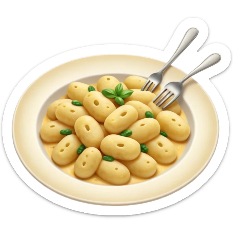 Gnocchi Cinematic Realistic Gnocchi Dish Emoji, depicted as tender oblong potato gnocchi garnished with iconic fork marks on top, rendered with soft textures and warm, inviting lighting. sticker